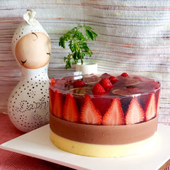 Chocolate Vanilla Mousse cake with Strawberry Jelly