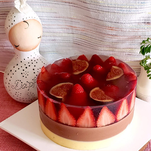 Chocolate Vanilla Mousse cake with Strawberry Jelly