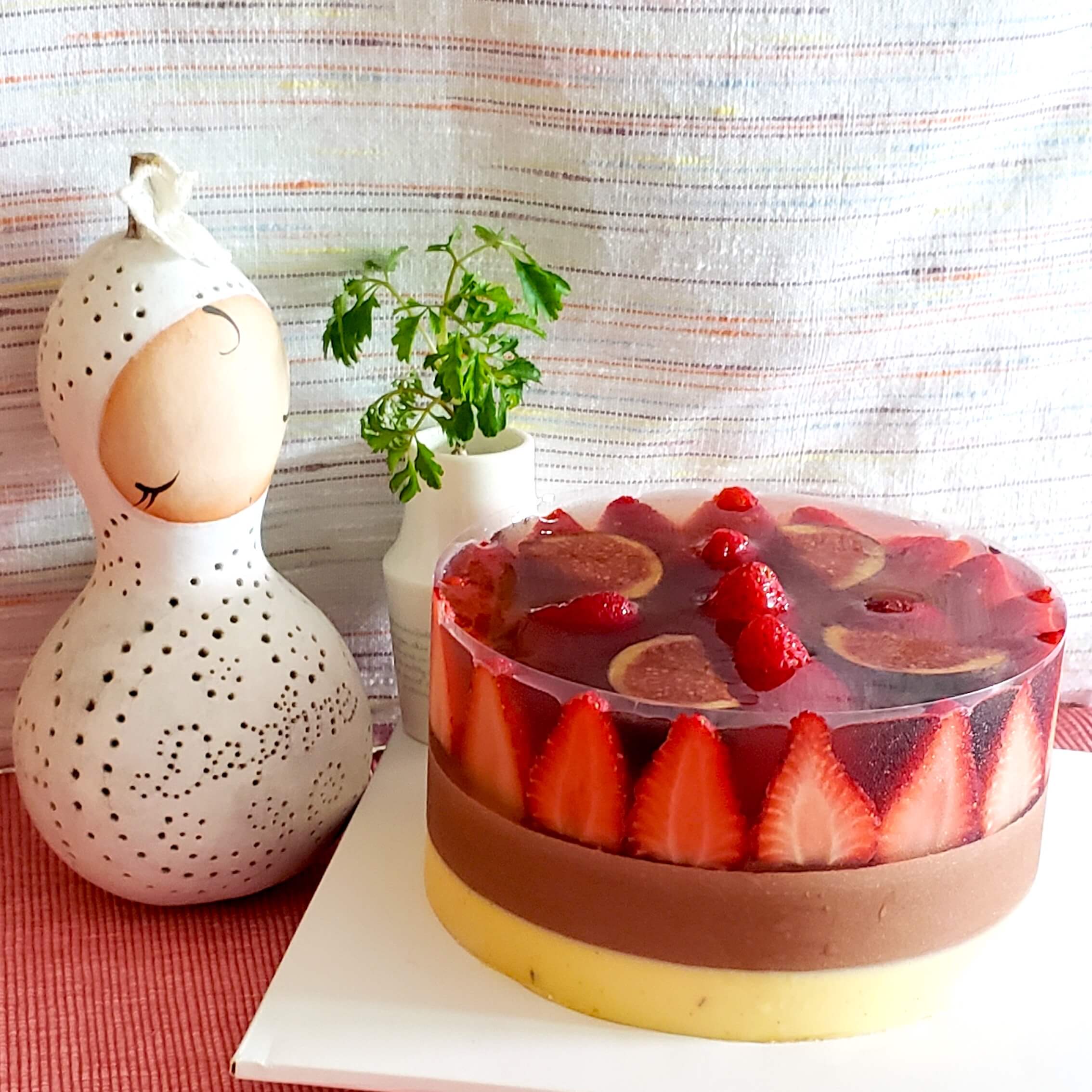 Chocolate Vanilla Mousse cake with Strawberry Jelly